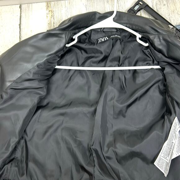 Zara Women’s XS Black Vegan Leather Lined Zip Moto Biker Jacket Boho Chic NEW - Picture 6 of 7